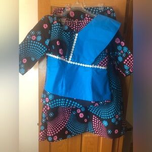 Colorful Floral 3 Piece Dress with Blue Overlay